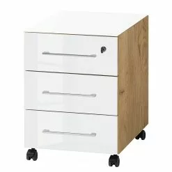 Rollcontainer Monteria - Glas - Weiß / Eiche Navarra Dekor