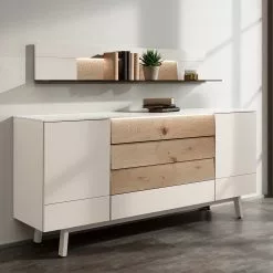 GWINNER Sideboard Misano II (2-teilig) - Inkl. Beleuchtung - Weiß / Wildeiche