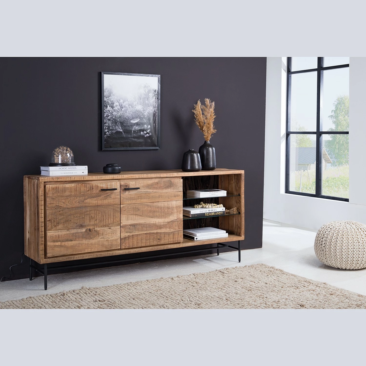 Ars Natura Sideboard Roody - Inkl. Beleuchtung - Akazie massiv / Metall - Akazie / Schwarz 4 Ars Natura Sideboard Roody - Inkl. Beleuchtung - Akazie massiv / Metall - Akazie / Schwarz – Bild 2
