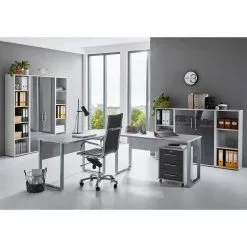 Furnitive Büro-Set Avin VIII (8-teilig) - Lichtgrau / Hochglanz Anthrazit