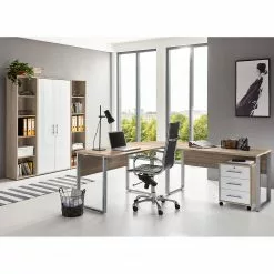 Furnitive Büroset Avin II (5-teilig) - Eiche Sonoma Dekor / Hochglanz Weiß