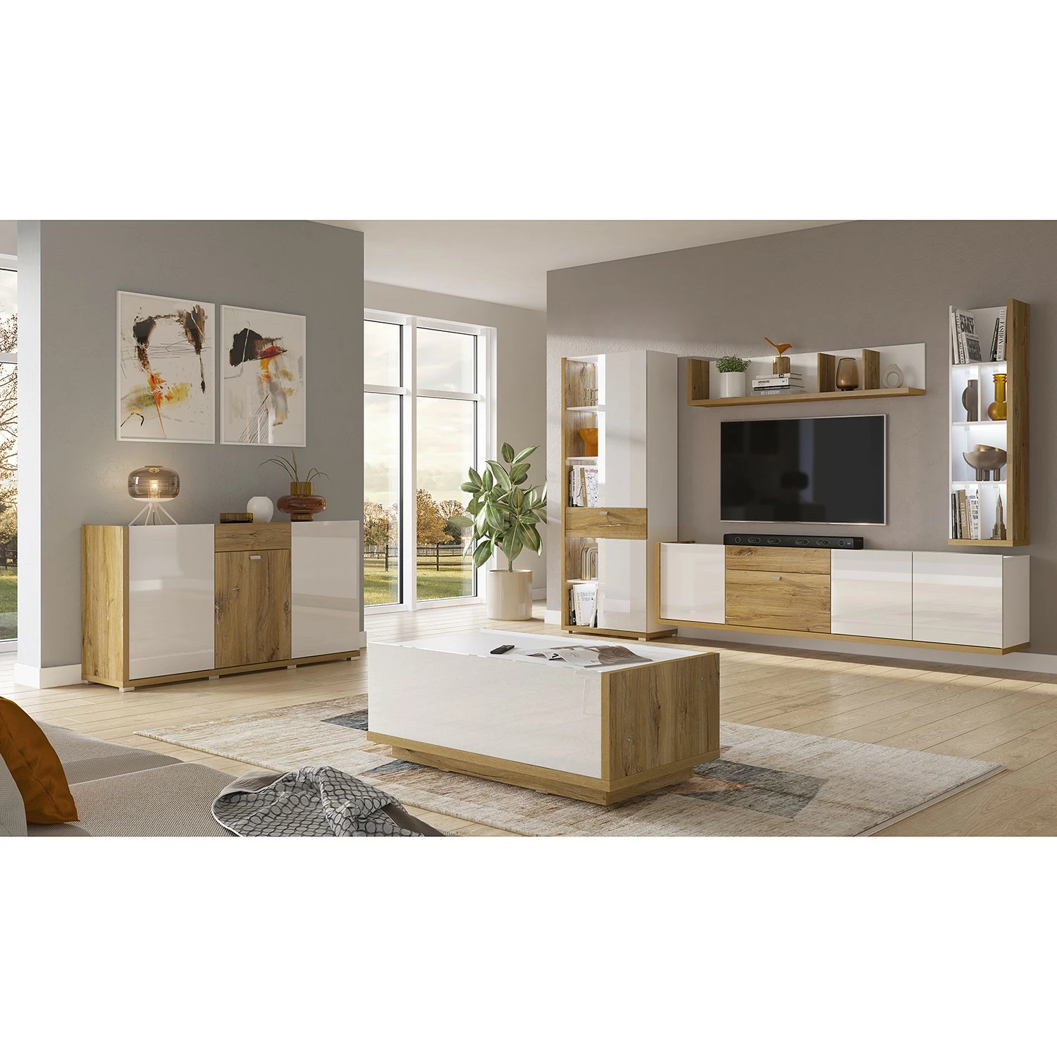 Loftscape Sideboard Lahntal - Hochglanz Weiß / Risseiche Dekor 4 Loftscape Sideboard Lahntal - Hochglanz Weiß / Risseiche Dekor – Bild 2