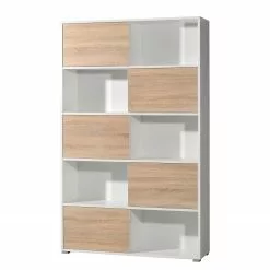 Schiebetürenregal Mingle I - Weiß / Eiche Sonoma Dekor -Büromöbel Verkaufsgeschäft schiebetuerenregal mingle i weiss eiche sonoma dekor 5029100