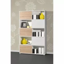 Schiebetürenregal Mingle I - Weiß / Eiche Sonoma Dekor -Büromöbel Verkaufsgeschäft schiebetuerenregal mingle i weiss eiche sonoma dekor 5029132