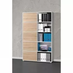 Schiebetürenregal Mingle I - Weiß / Eiche Sonoma Dekor -Büromöbel Verkaufsgeschäft schiebetuerenregal mingle i weiss eiche sonoma dekor 5029136