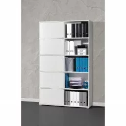 Schiebetürenregal Mingle I - Weiß / Eiche Sonoma Dekor -Büromöbel Verkaufsgeschäft schiebetuerenregal mingle i weiss eiche sonoma dekor 5029140