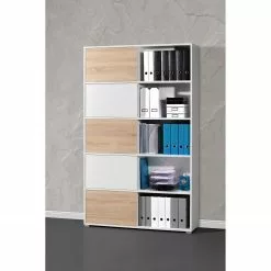 Schiebetürenregal Mingle I - Weiß / Eiche Sonoma Dekor -Büromöbel Verkaufsgeschäft schiebetuerenregal mingle i weiss eiche sonoma dekor 5029144