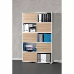 Schiebetürenregal Mingle I - Weiß / Eiche Sonoma Dekor -Büromöbel Verkaufsgeschäft schiebetuerenregal mingle i weiss eiche sonoma dekor 5029148