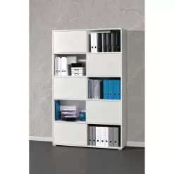 Schiebetürenregal Mingle I - Weiß / Eiche Sonoma Dekor -Büromöbel Verkaufsgeschäft schiebetuerenregal mingle i weiss eiche sonoma dekor 5029152