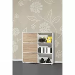 Germania Schiebetürenregal Mingle II - Weiß/Eiche Sonoma Dekor -Büromöbel Verkaufsgeschäft schiebetuerenregal mingle ii weiss eiche sonoma dekor 5029192