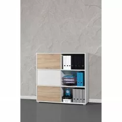 Germania Schiebetürenregal Mingle II - Weiß/Eiche Sonoma Dekor -Büromöbel Verkaufsgeschäft schiebetuerenregal mingle ii weiss eiche sonoma dekor 5029224