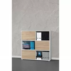 Germania Schiebetürenregal Mingle II - Weiß/Eiche Sonoma Dekor -Büromöbel Verkaufsgeschäft schiebetuerenregal mingle ii weiss eiche sonoma dekor 5029228