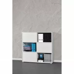 Germania Schiebetürenregal Mingle II - Weiß/Eiche Sonoma Dekor -Büromöbel Verkaufsgeschäft schiebetuerenregal mingle ii weiss eiche sonoma dekor 5029232