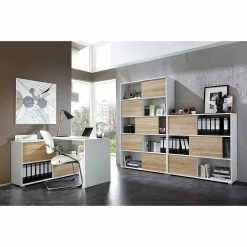 Germania Schiebetürenregal Mingle II - Weiß/Eiche Sonoma Dekor -Büromöbel Verkaufsgeschäft schiebetuerenregal mingle ii weiss eiche sonoma dekor 5035820